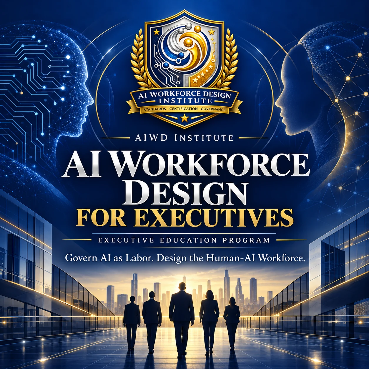 AI Workforce Design for Executives course artwork depicting human and machine intelligence and executive leaders